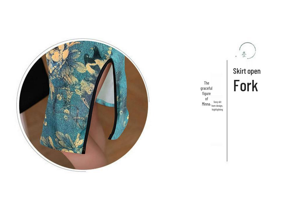 Cross-Border Chinese Style Qipao: Sexy Printed Frog Button Slit Midi Dress for Summer Banquet