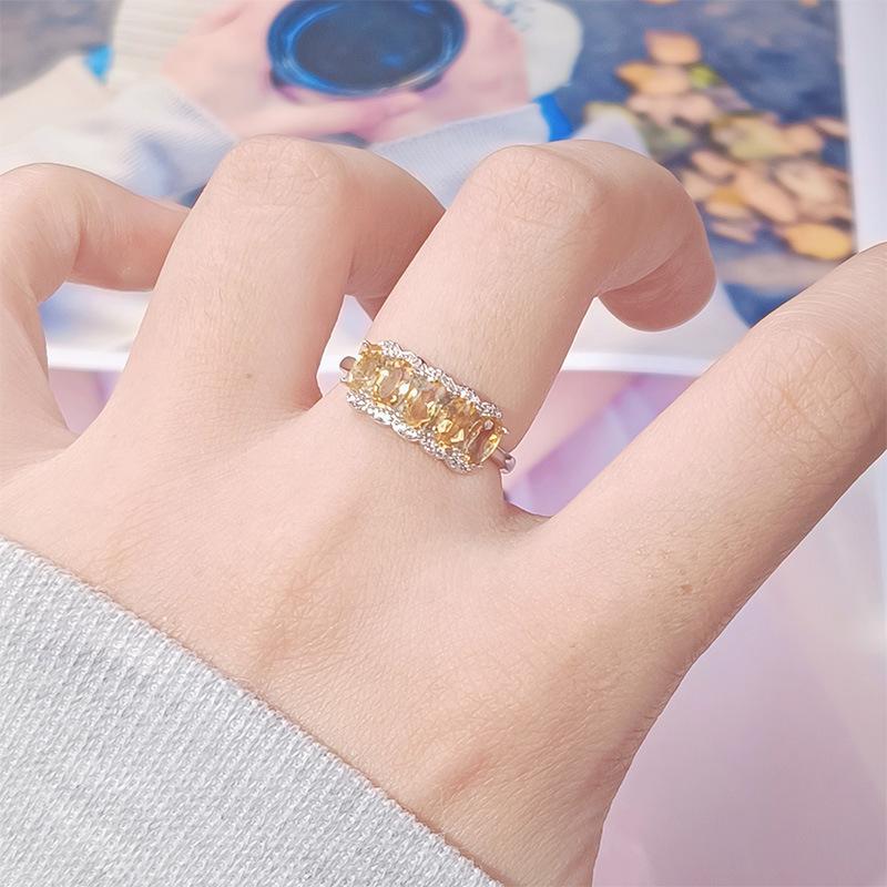 S925 Sterling Silver Natural Citrine Ring Women'S Premium Sense Row Diamond Treasure Jewelry Index Finger Ring