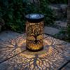 Outdoor Waterproof Garden Lantern with Hollow Tree Pattern Metal Cylinder Hanging Landscape Light for Patio Yard Decoration
