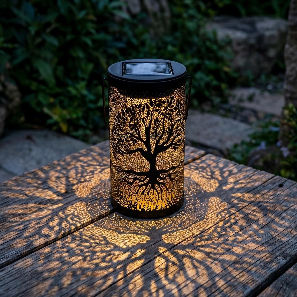Outdoor Waterproof Garden Lantern with Hollow Tree Pattern Metal Cylinder Hanging Landscape Light for Patio Yard Decoration