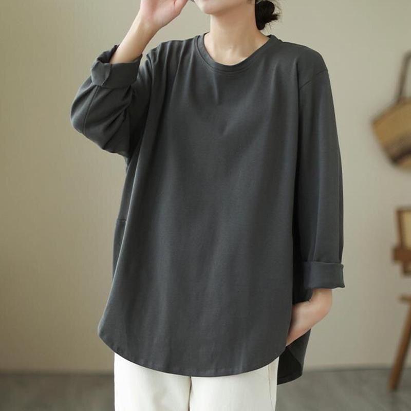 Bavlněná mikina Volný velký střih Top s dlouhým rukávem Pohodlná Jednobarevná Košile Literární Kulatý výstřih Ležérní top
