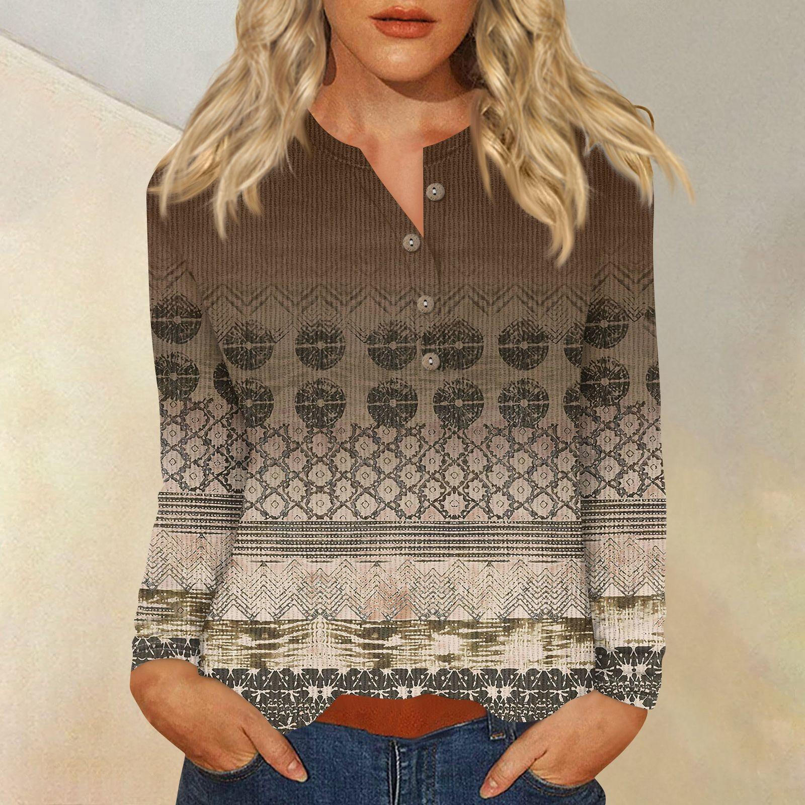 

Жен. Футболка Футболка С принтом Пуговицы Длинный рукав Повседневные Выходные Мода Классический V-образный вырез Обычный Верх S коричневый