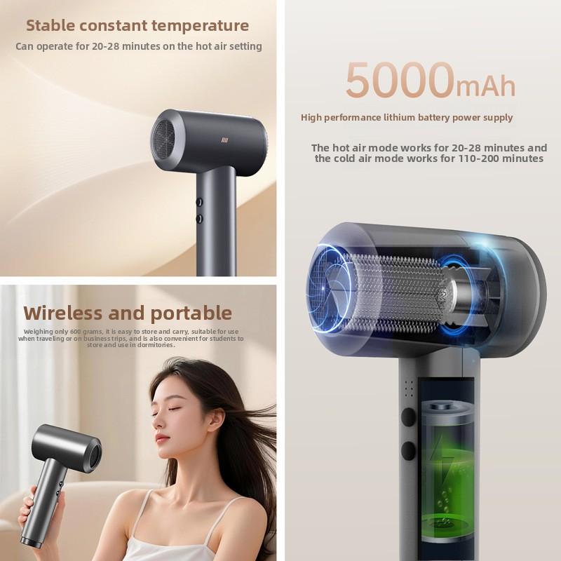 Euleshi Lithium Rechargeable Wireless Hair Dryer Negative Ion Constant Temperature 6 Wind Speed Levels-Portable for Home Student