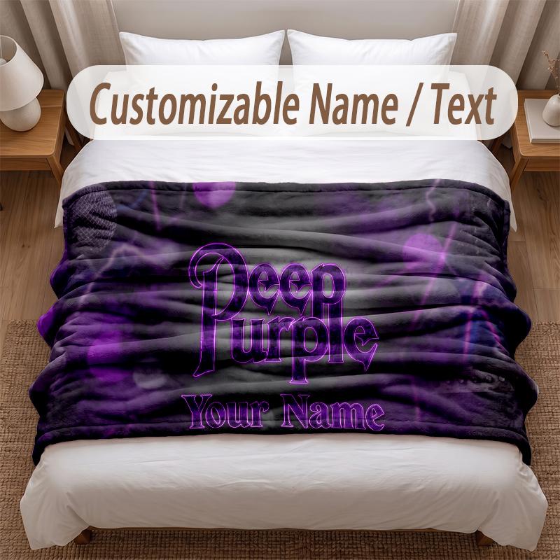 Deep Purple Printed Flannel Blanket Custom Name Text Soft Warm Throw For Bedroom Holiday Gift