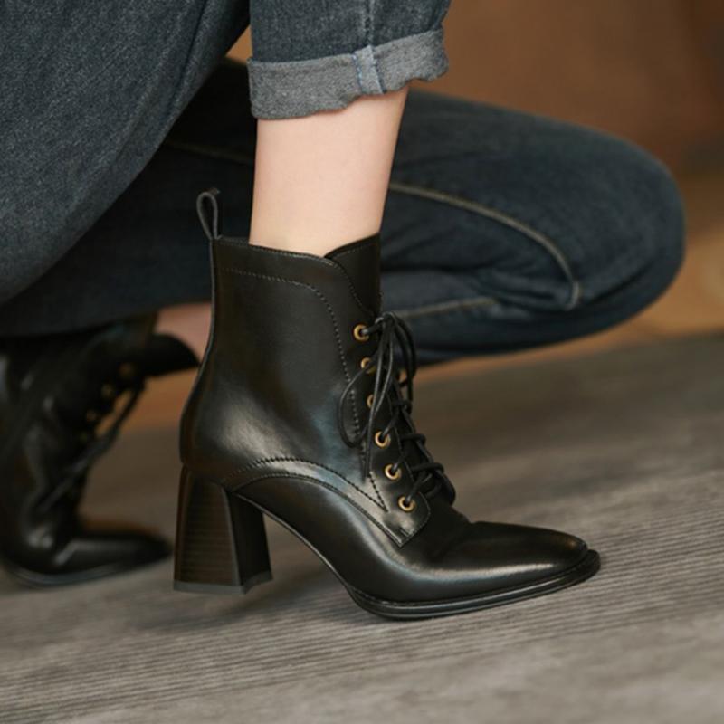 Fashion Autumn/Winter Women Boots Square Toe High Heel Shoes for Women Black Leather Boots Women Lace Up Handemade Shoes Botas De Mujer