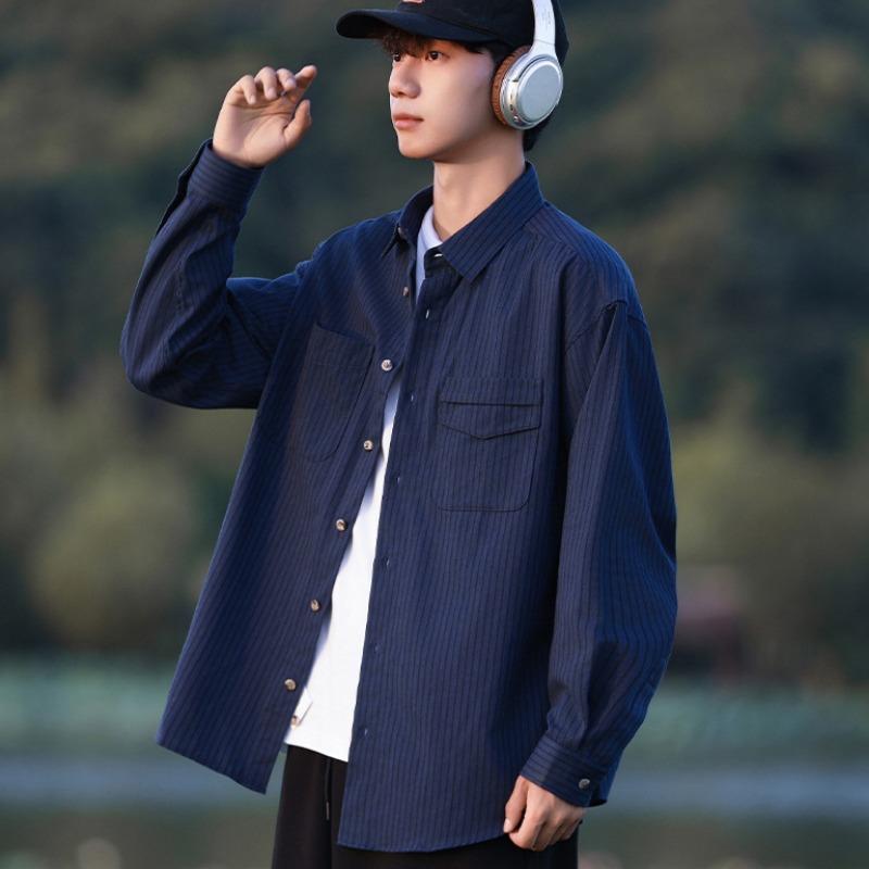 Spring and Autumn Men's New Lar Loose Casual Striped Long Sleeve Shirt