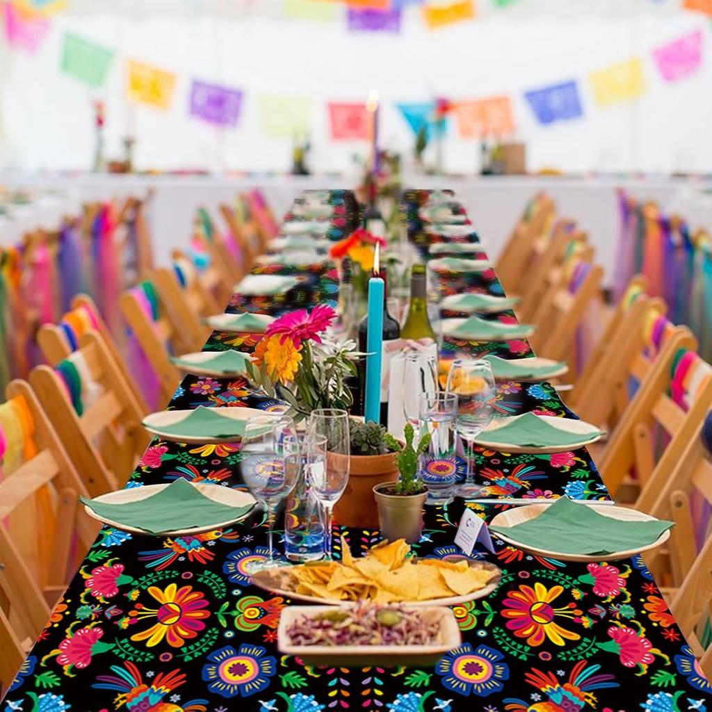 3 Pieces 54 x 108 Inches Mexican Fiesta Plastic Tablecloth, Disposable Rectangle Table Covers with Floral and Serape Stripe for Cinco de Mayo, Taco