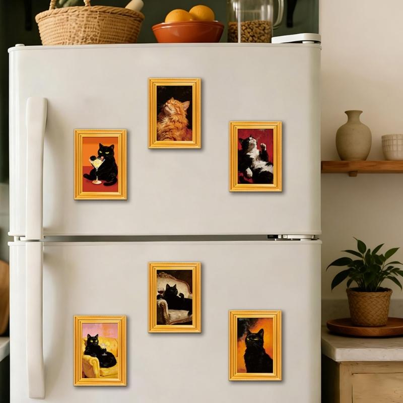 Set of 6 Cute Cats Design Art Print Wooden Frame Magnetic Sticekr for Refrigerator Decors Famous Painting Fridge Magnets