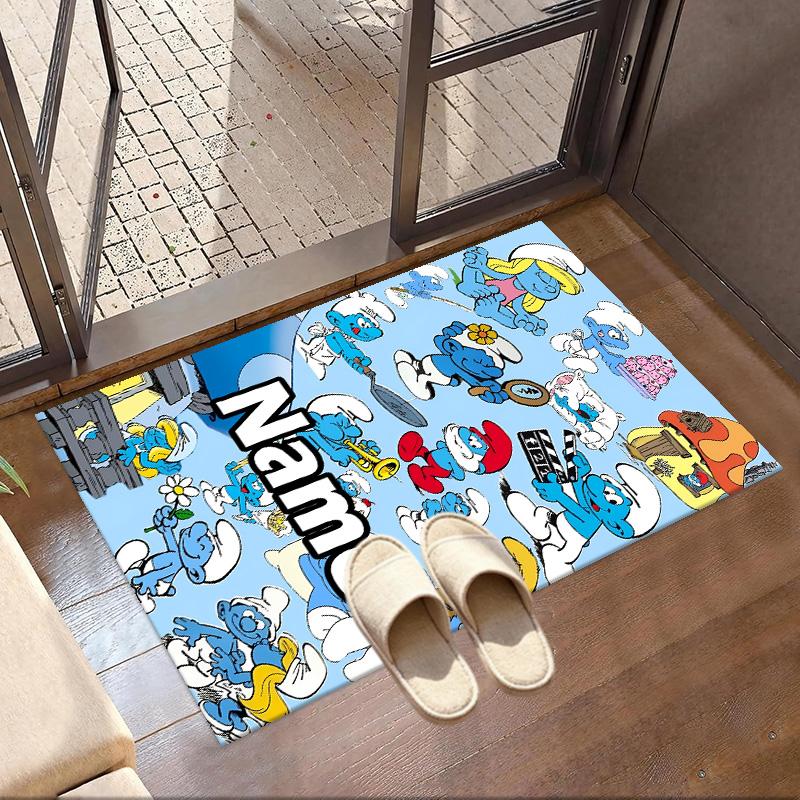 Custom Name Personalized Blue Smurfs Print Carpet, Versatile Home Decor Rug, for Playroom, Apartment, Balcony, Entryway, Hallway Gift