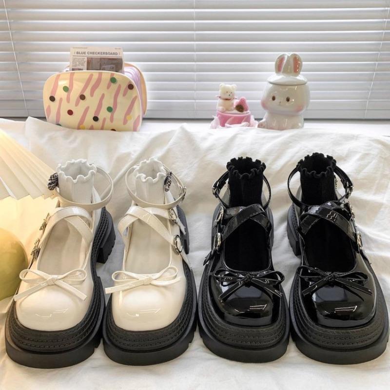 Fashion Spring Butterfly Knot Sweet Cute Lolita Shoes Thick Heel Women Mary Jane Single Shoes PU Leather Round Toe Women Japanese Shoes