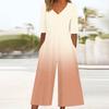 Women's Loose Casual V-Neck Gradient Printed Jumpsuit Slim Fit Wide Leg Jumpsuit