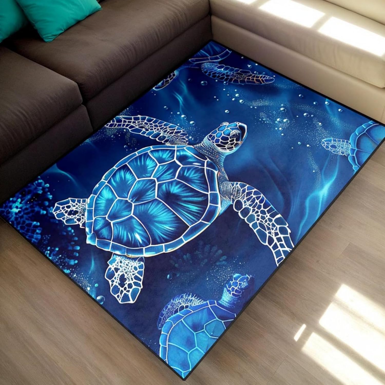 

Blue Sea Turtle Rug for Kids Bedroom, Ocean Theme Sea Life Carpet, Underwater World Decor Play Mat for Boys and Girls 50cm x 80cm