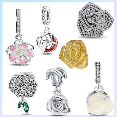 925 Silver Plated Rose Flower Beads Pendant Red Color Valentine Gift for Women DIY Bracelet Birthday Present Jewelry