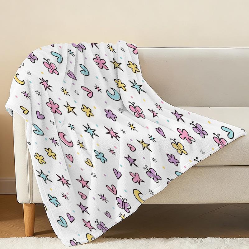 Flannel Fleece Blanket - High Density Soft Plush, Vibrant Butterfly Star Moon Pattern, Warm Cozy, Ideal for Home Decor, Halloween & Christmas