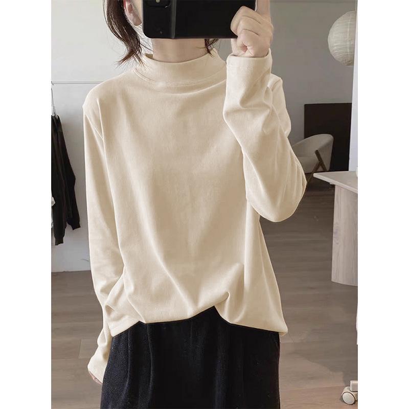 Women's Slimming High Neck Apricot Thermal Fleece Long Sleeve Casual Top - 2026 Autumn/Winter Collection
