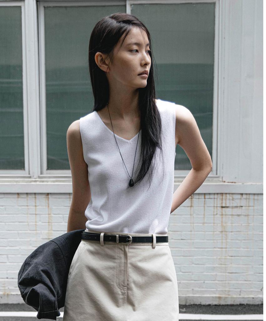 EMKM Linen V-Neck Knit Top_White