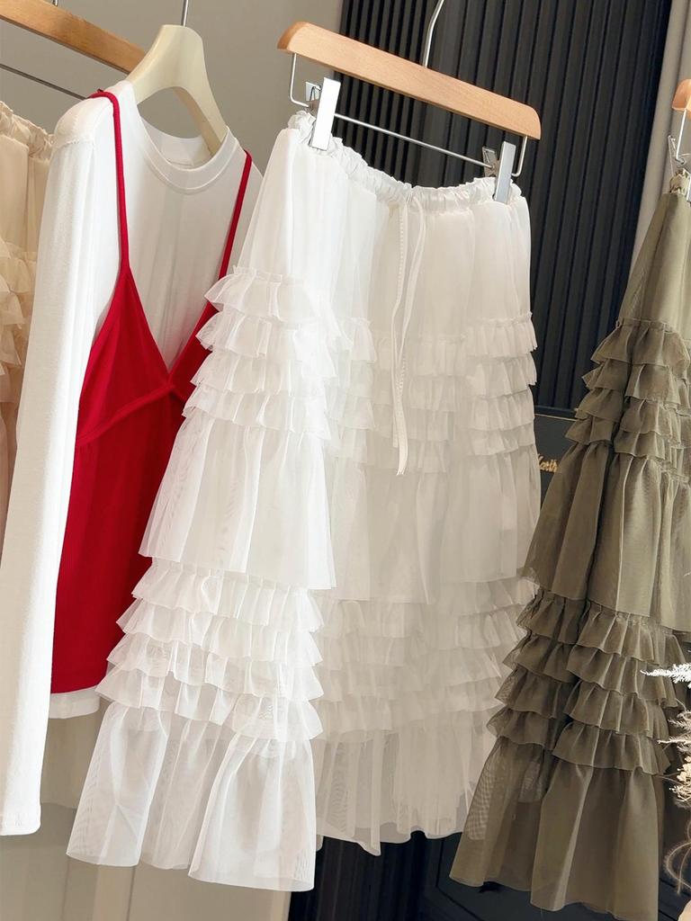 Korean Style Layered Lace Midi Skirt with Elastic Waist - Spring Fluffy Gauze Skirt for Women