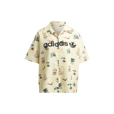 Camisa gráfica de manga curta original com padrão de desenho animado e estampa de logotipo de letras, tops femininos bege IC3072