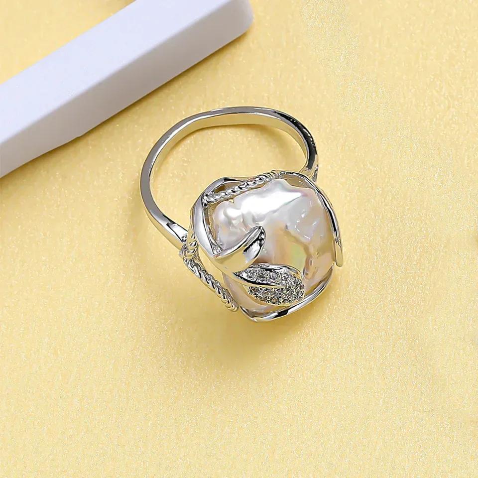 HENGSHENG 14-15mm Big Baroque Freshwater Cultured Pearl Rings for Women Vintage Tree leaf Open Adjustable Rings Jewelry Gift silver color белый