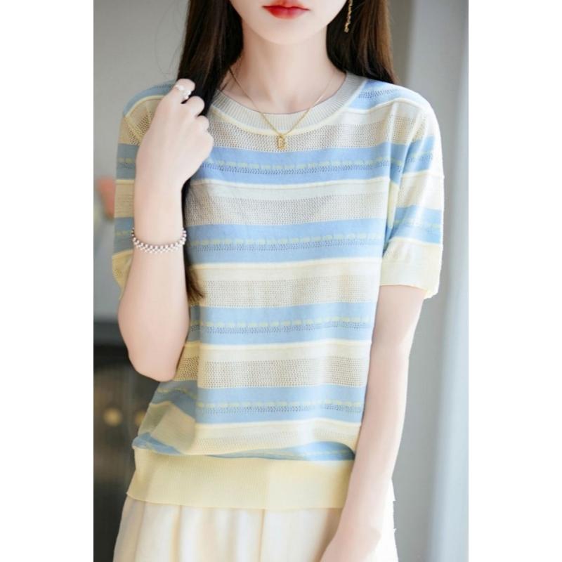 Striped Front-sleeve Short-sleeved T-shirt for Women - Summer New Style - Color-matched Loose Knitted Round-neck T-shirt - Short Top