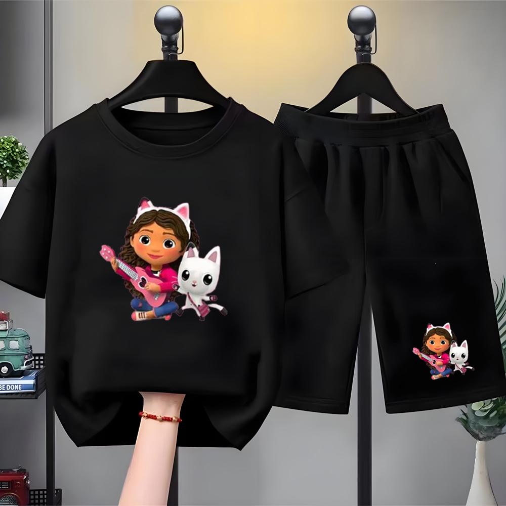 Children Summer Clothing Tshirt+Shorts Gabbys Dollhouse Print Boy Girl Toddler 3-12Yrs Short-Sleeved cool leisure Set