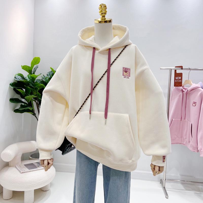 {Huamian composite 4g} bear embroidered hooded solid color sweater women s velvet thickened warm XL абрикосовый