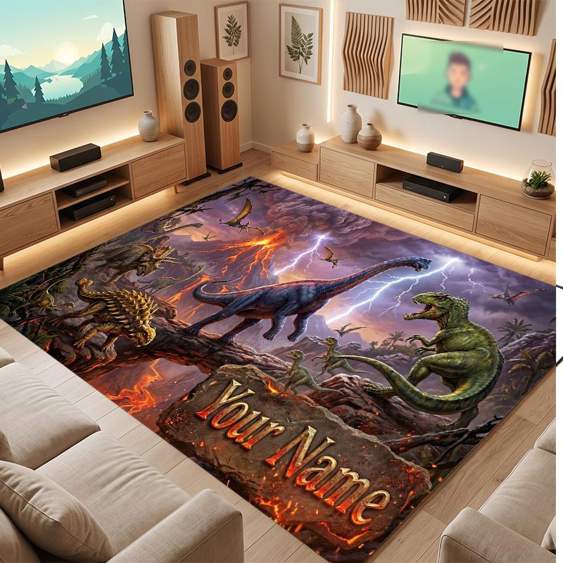 Dinosaur Theme Soft Crystal Velvet Rug Custom Name & Text Print Non Slip Floor Rug for Bedroom Living Room