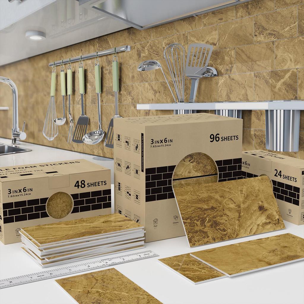 Marble-Style Waterproof Foam Wall Tile Stickers for Bathroom and Kitchen