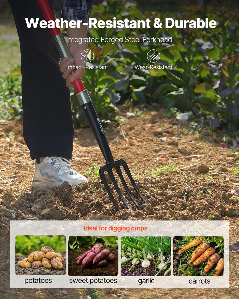 VEVOR Garden Fork, 4-Tine Gardening Pitchfork with Fiberglass Handle, 45 In Heavy Duty Digging Fork with Y Grip