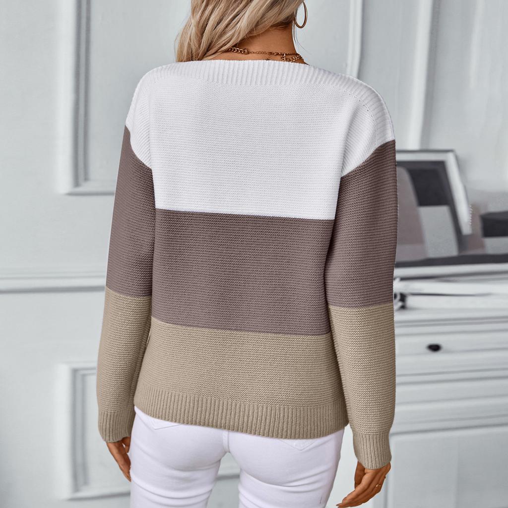 Women's Fashion Casual One-shoulder Button Pullover Knit Cardigan Contrast Color Pullover Long Sleeve Loose Sweater