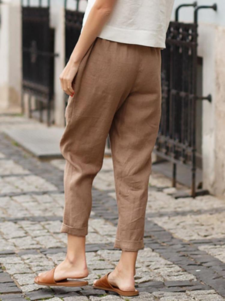 Women Summer Loose Long Pants Comfortable Cotton Linen Trousers Ladies Solid Color Double Pocket Casual Wear