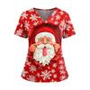 Women's Christmas Print V-Neck Short Sleeve Scrub Top with Pockets and Side Slits