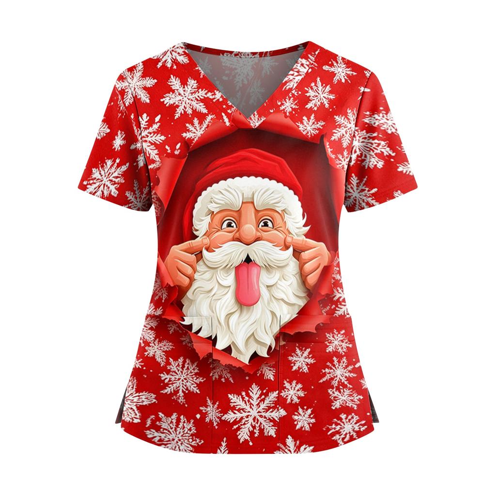 Women's Christmas Print V-Neck Short Sleeve Scrub Top with Pockets and Side Slits