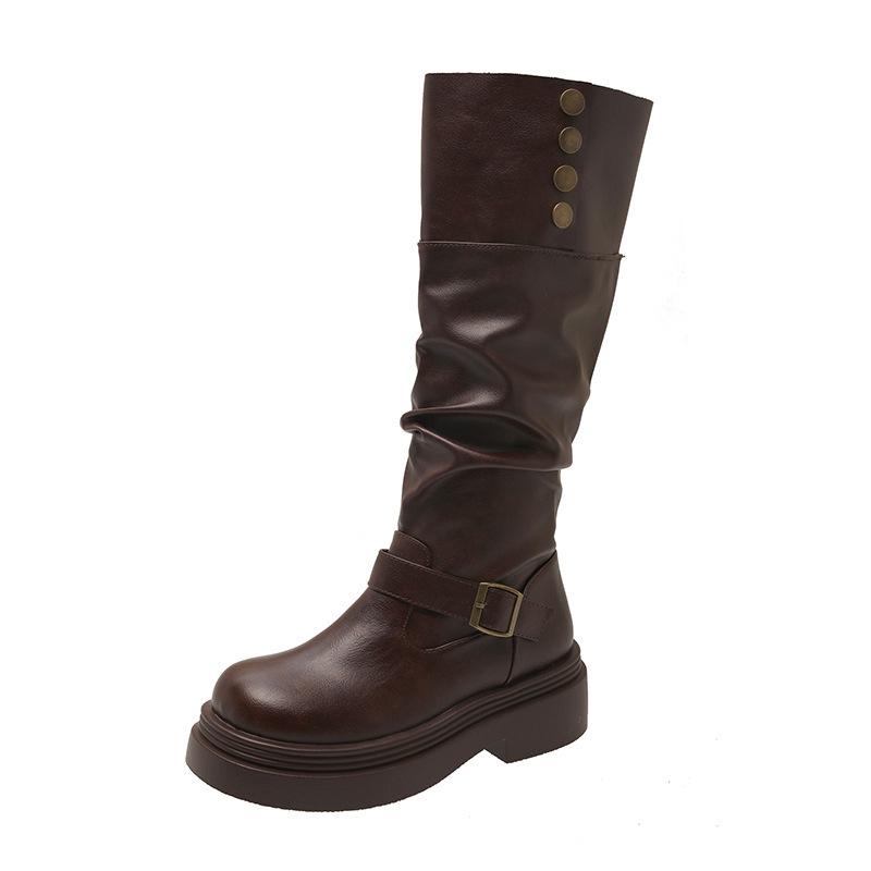 Brown retro British style thick heel platform boots women's 2025 new autumn and winter thin boots knight boots