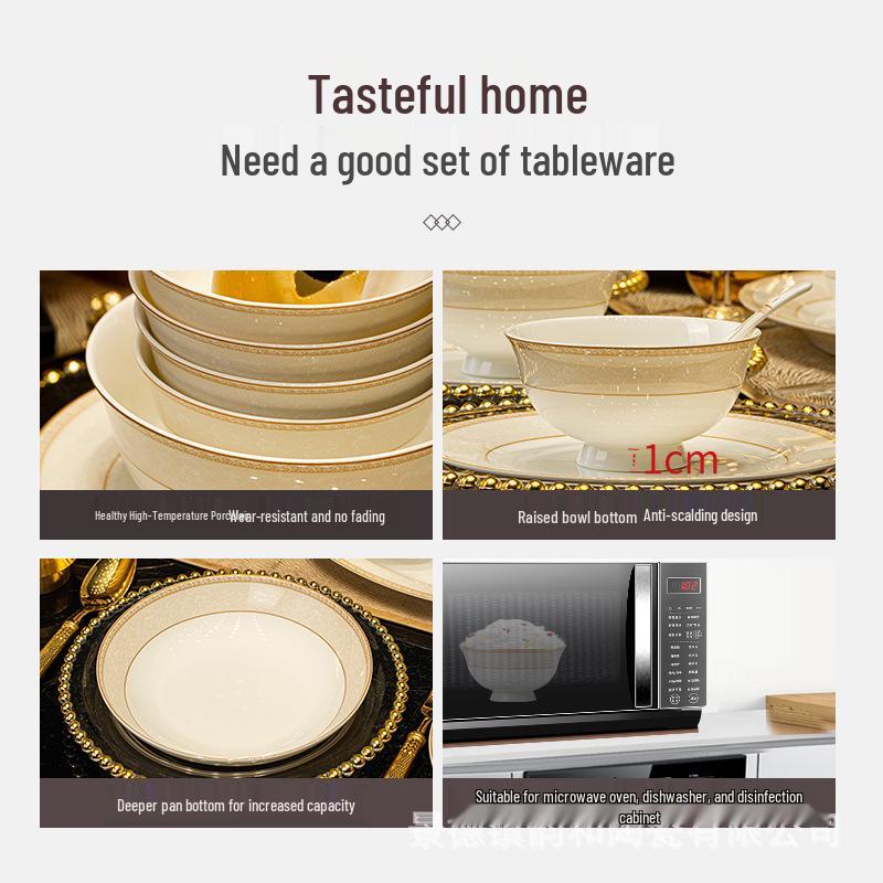 Jingdezhen High-Temperature Ceramic Bowl & Plate Set - Premium Underglaze Color, Chinese Light Luxury Gift with Chopsticks