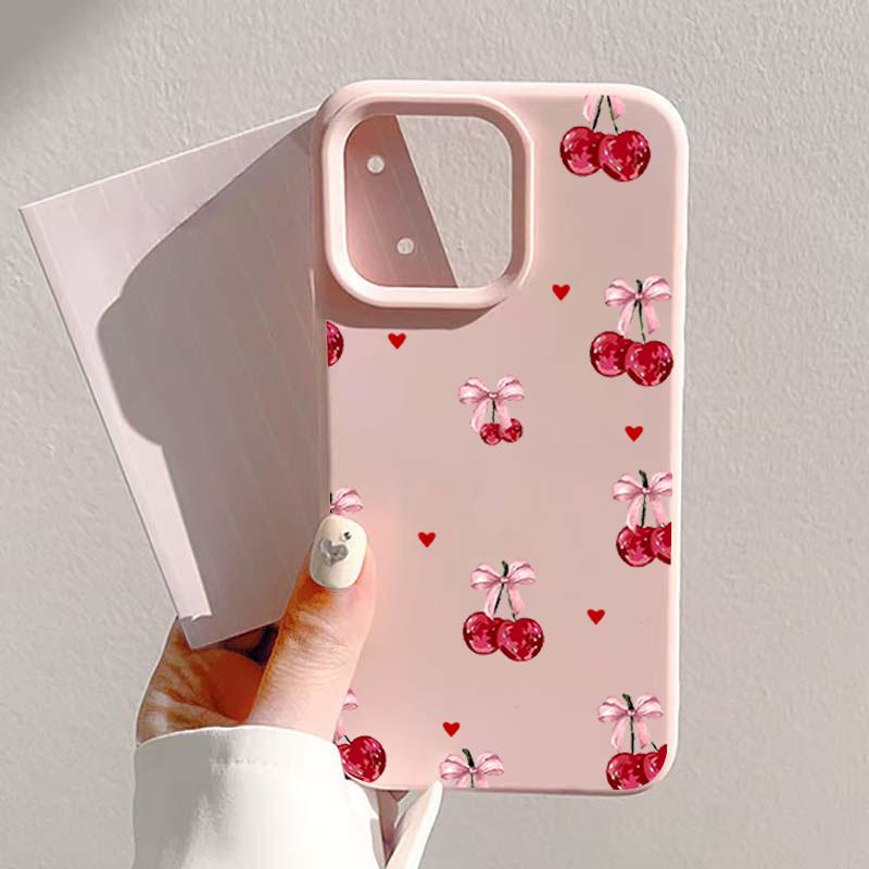 

Vintage Full Print Red Cherry Bow & Heart Pattern TPU Silicone Phone Case For iPhone 17 16 15 14 13 12 11 Pro Max Plus Air Cover iPhone 11 Pro Max