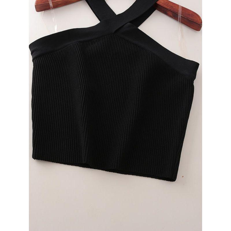 Foreign Trade Original Order Rib Hanging Neck Gyaru Short Vest Western Style off-Shoulder Slim Fit Knitted Sling Top