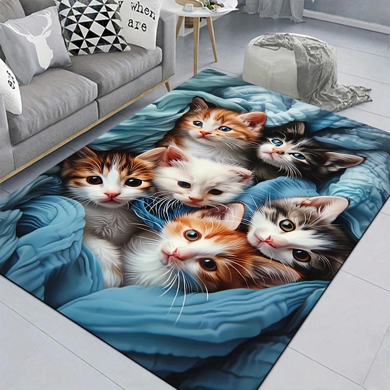 Adorable Kitten Design Area Mat , Soft Polyester, Machine Washable - Perfect for Kitchen, Living Room, Bedroom Decorative