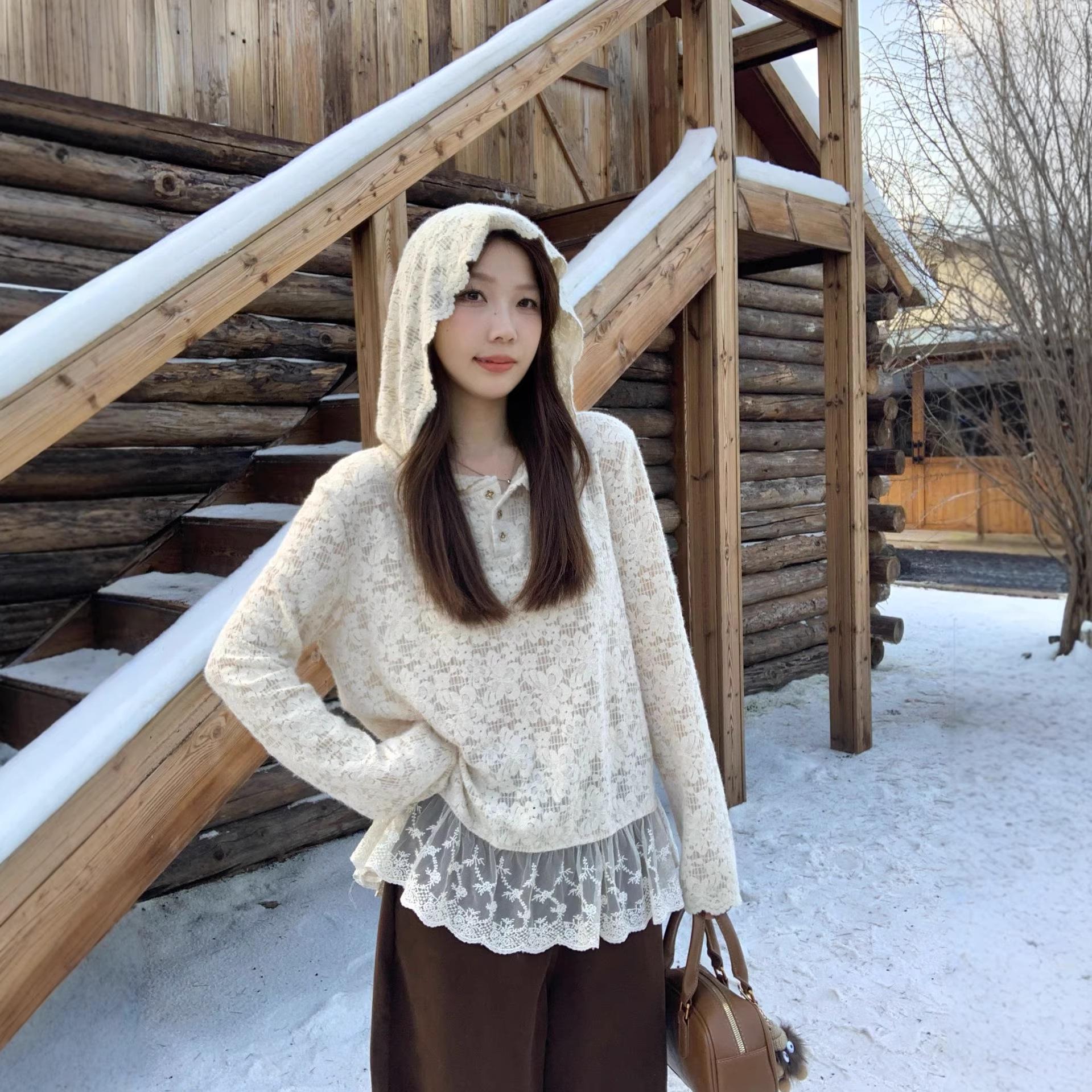

Plus Size Women s Lace Hooded Long Sleeve T-Shirt - Slimming Spring Fashion Top L