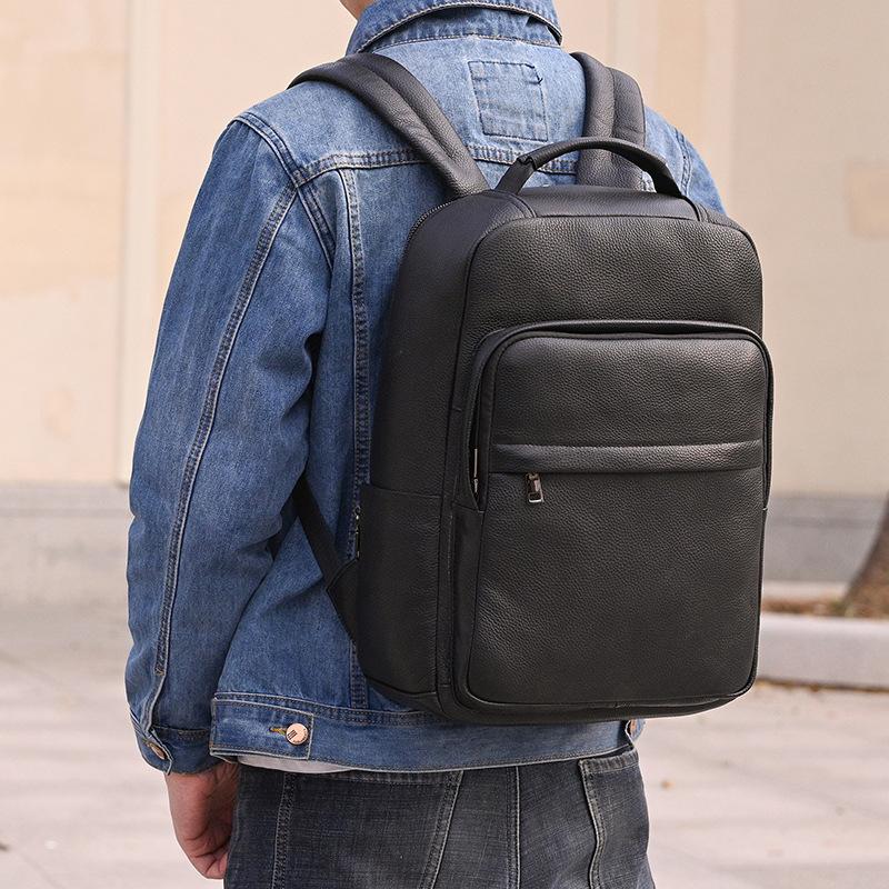 Leisure Travel Backpack, Men's Leather Backpack, Student Backpack, 15 Inch Head Layer Cowhide Commuting Computer Bag