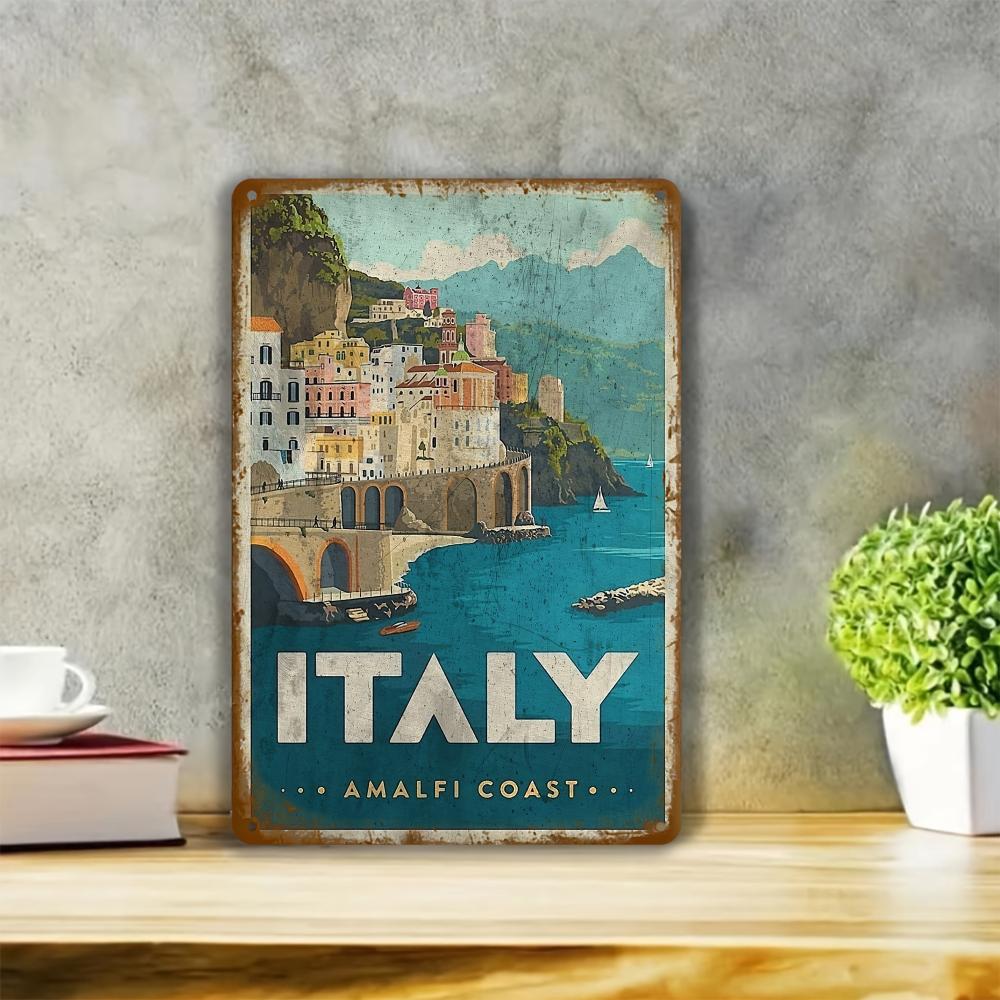 1pc Amalfi Coast Italy Vintage Metal Sign Retro Travel Poster Waterproof Weather Resistant Pre - Drilled for Home Bar Decor