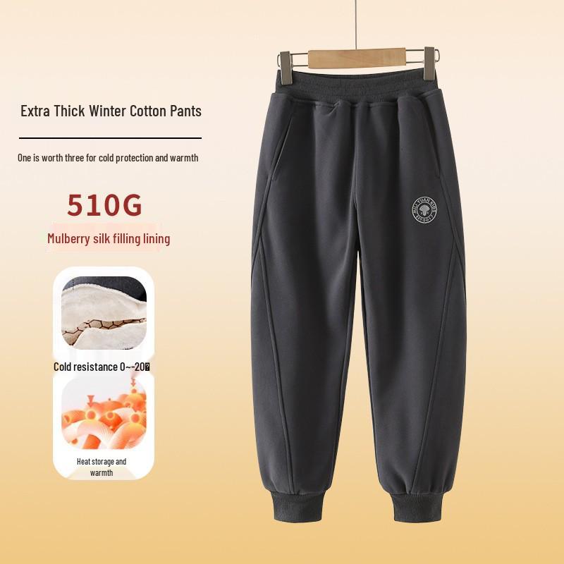 2024 Boys' Fleece-Lined Thick Cotton Winter Pants for Middle and Big Kids - Sports Style