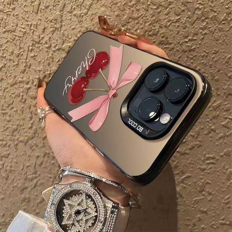 Silver Cherry Bow Phone Case for Apple 12 to 16 Pro Max