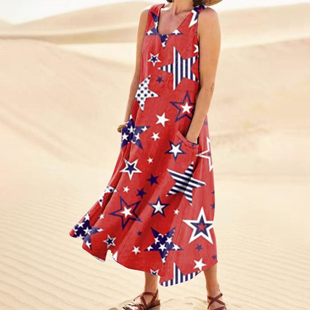 Women's Casual Comfortable Independence Day Print Sleeveless Cotton Pocket Dress