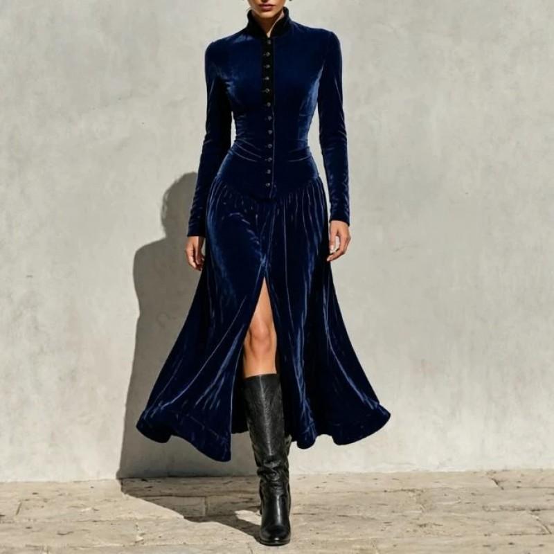 2026 Fall Winter Solid Button Long Sleeve Stand Collar Slit Elegant Dress Women