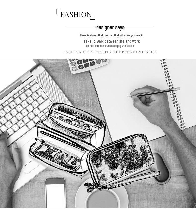 Rose Flower Ladies Genuine Leather Wallet – Double Zipper, Large Capacity, Multi-card Slots