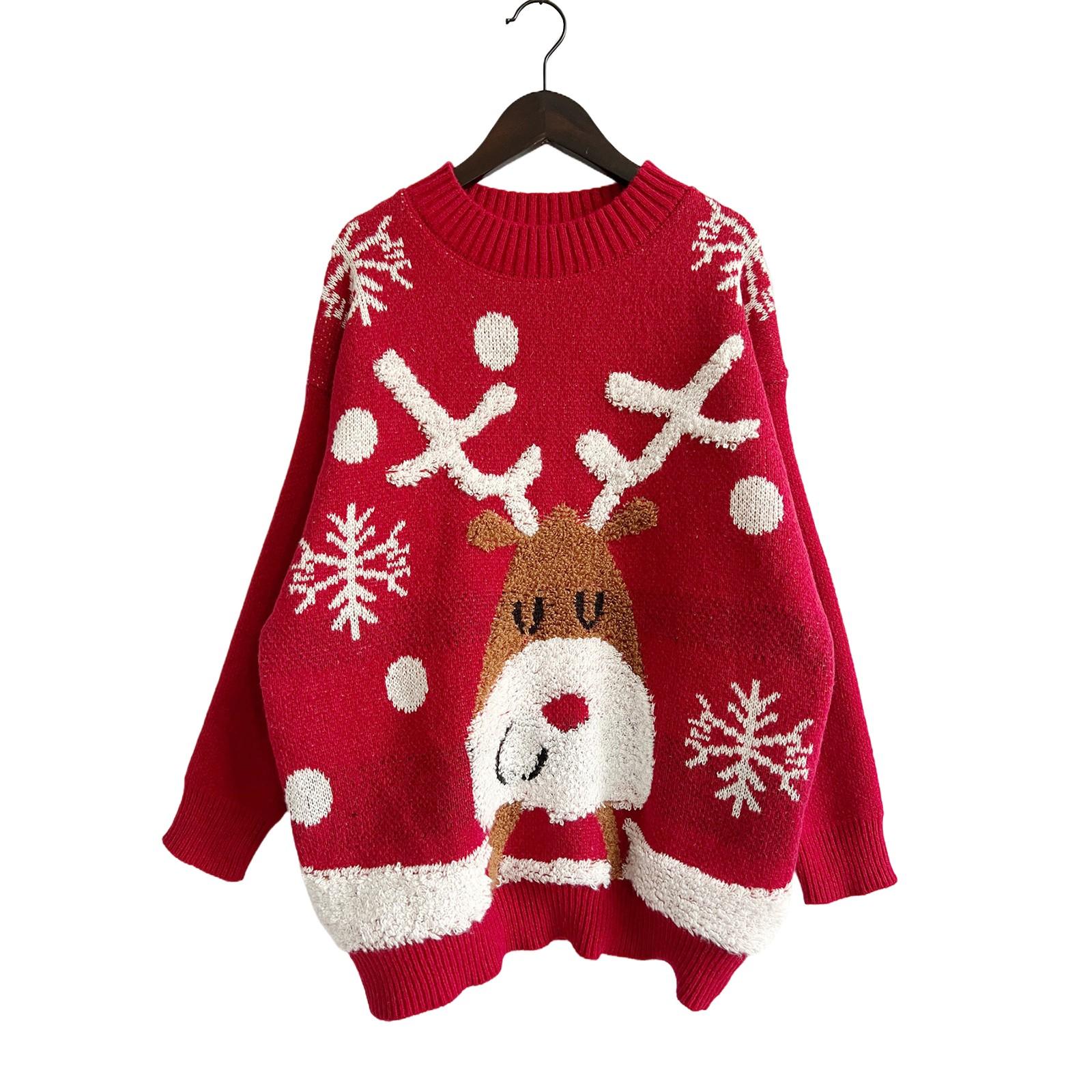 

Женская мода осень и зима рождественский свободный круглый вырез пуловер вязаный свитер M красный