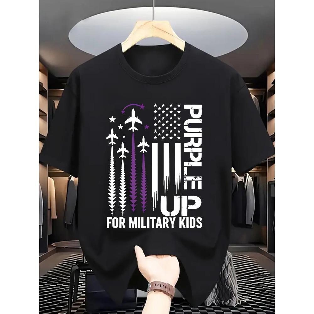 

Men s patriotic military support graphic T-shirt Purple American flag and fighter jet print S