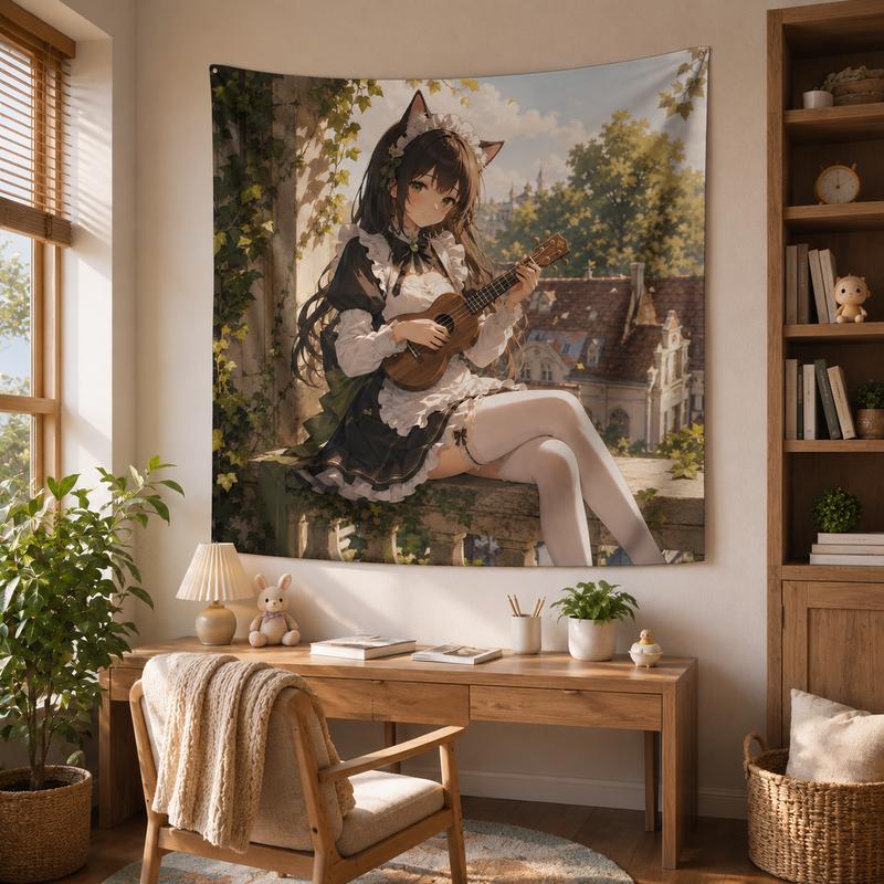 Cute Cat Maid Anime Wall Tapestry Sweet Pastel Style Teen Room Dorm Gaming Room Living Room Hanging Cloth Decor