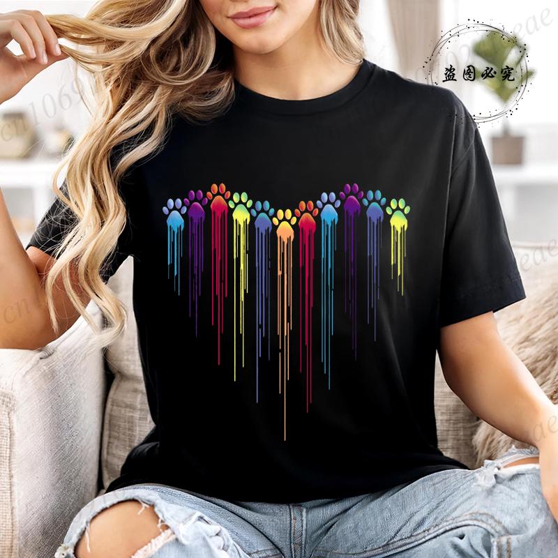 Summer T-shirt Fashion Heart Dogs Paw Print Casual Tops Colorful Heart Paws Printed Tops Cartoon Graphic Printed Tees Black Tops